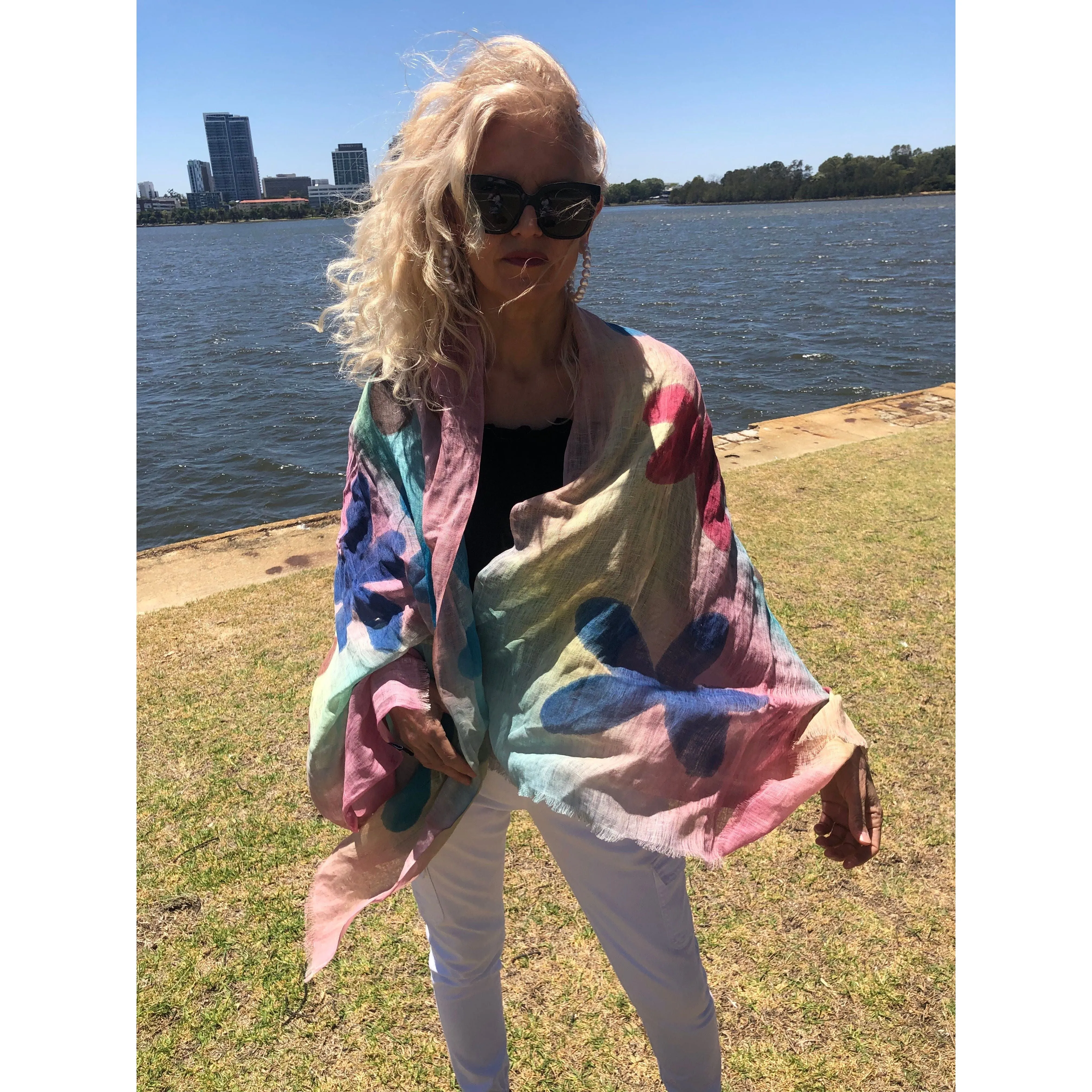 🎉 Cotton Linen Scarf - Floral Scarf Multicoloured  - Large Flowers