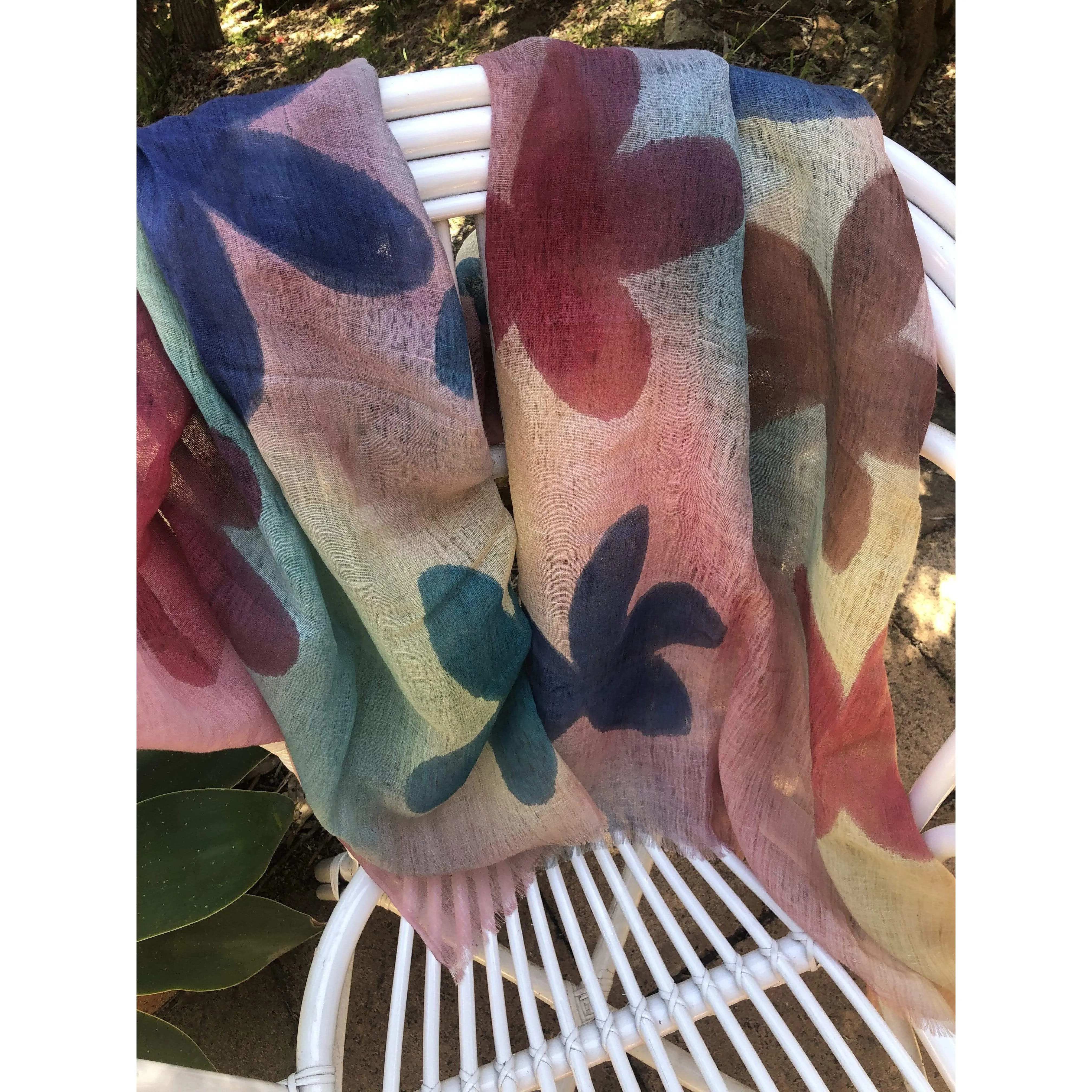 🎉 Cotton Linen Scarf - Floral Scarf Multicoloured  - Large Flowers
