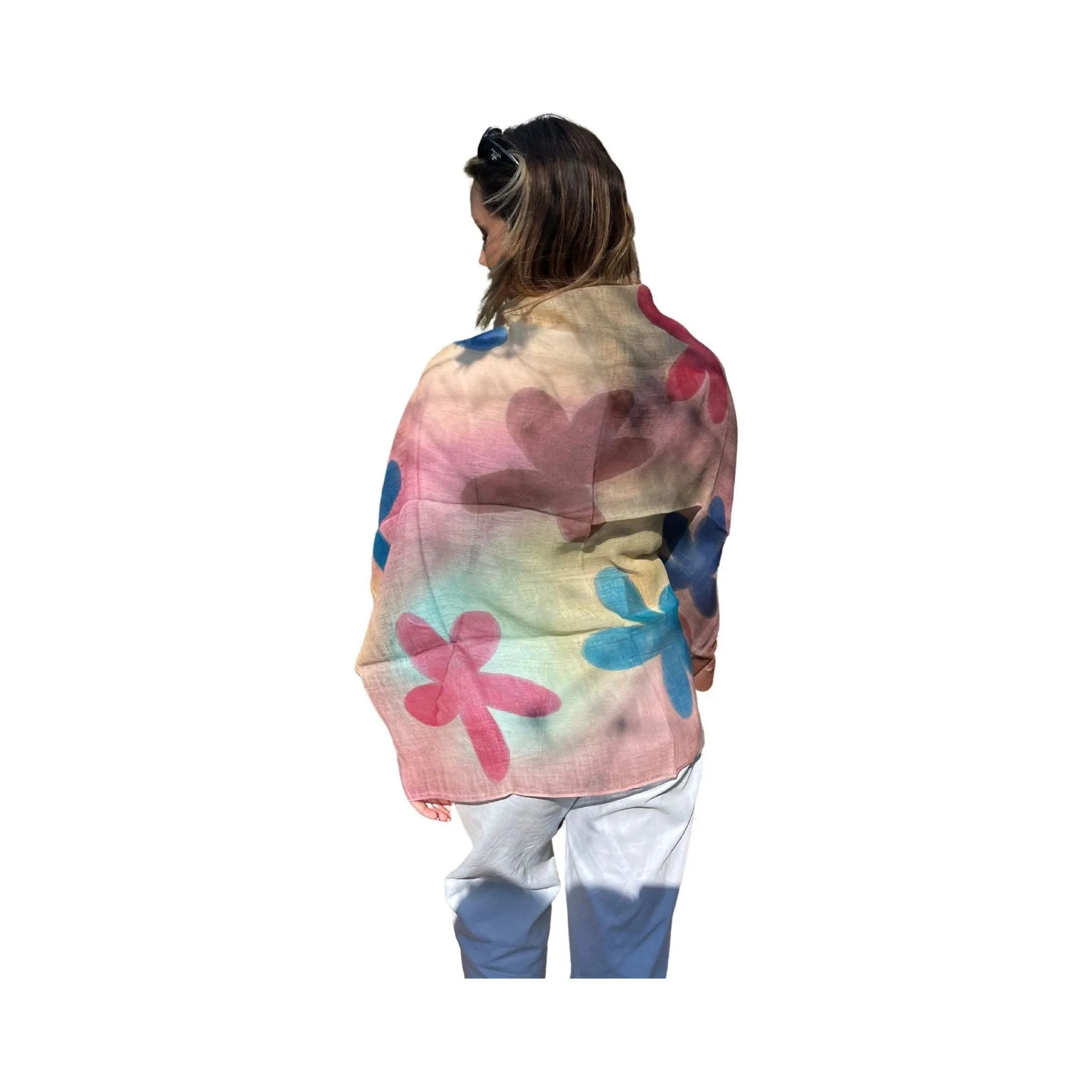 🎉 Cotton Linen Scarf - Floral Scarf Multicoloured  - Large Flowers