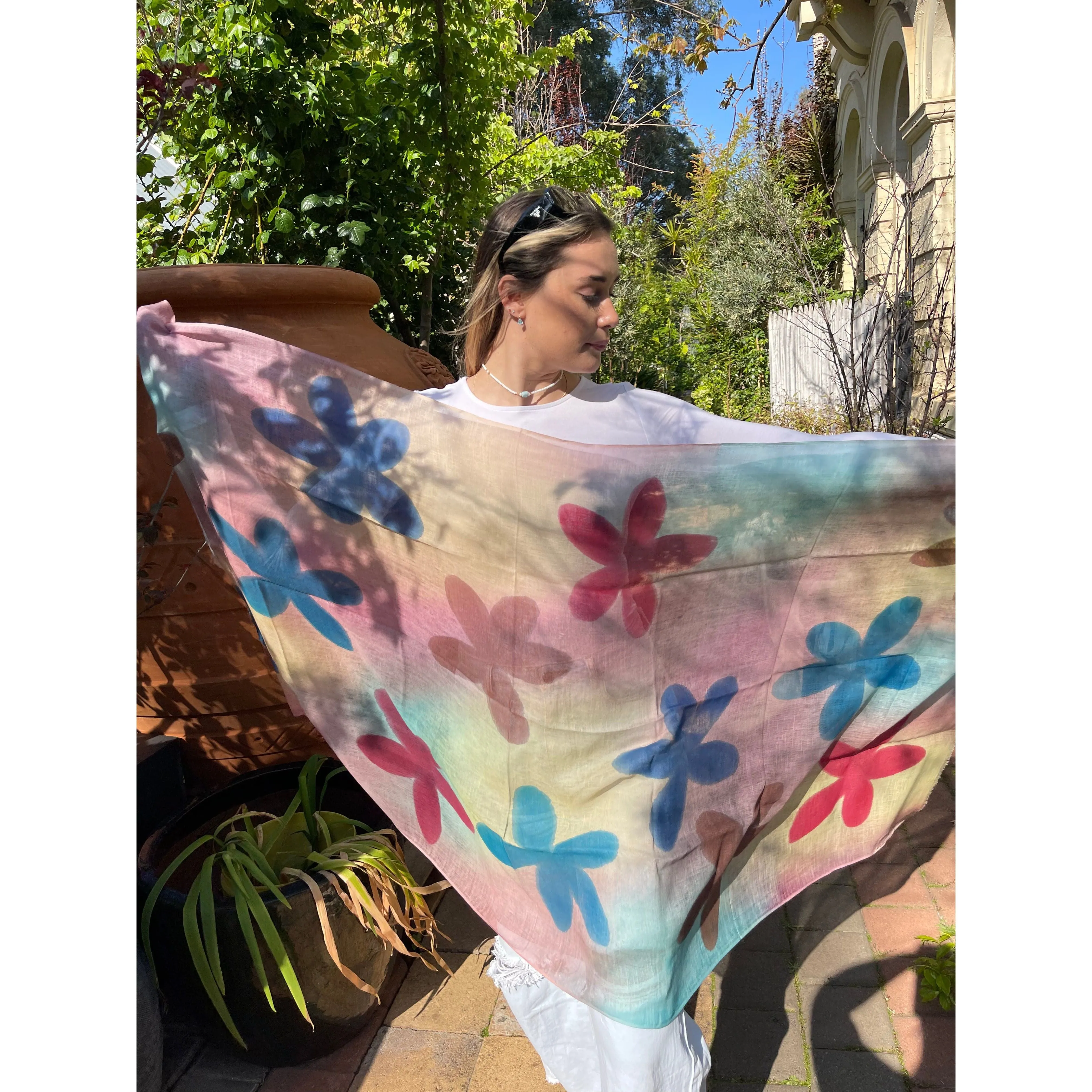 🎉 Cotton Linen Scarf - Floral Scarf Multicoloured  - Large Flowers