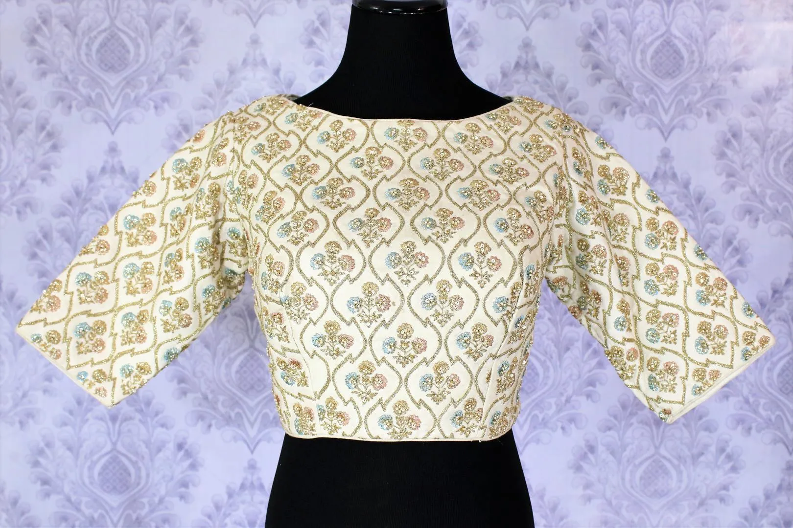 403001 White Embroidered Designer Boat Neck Party Blouse