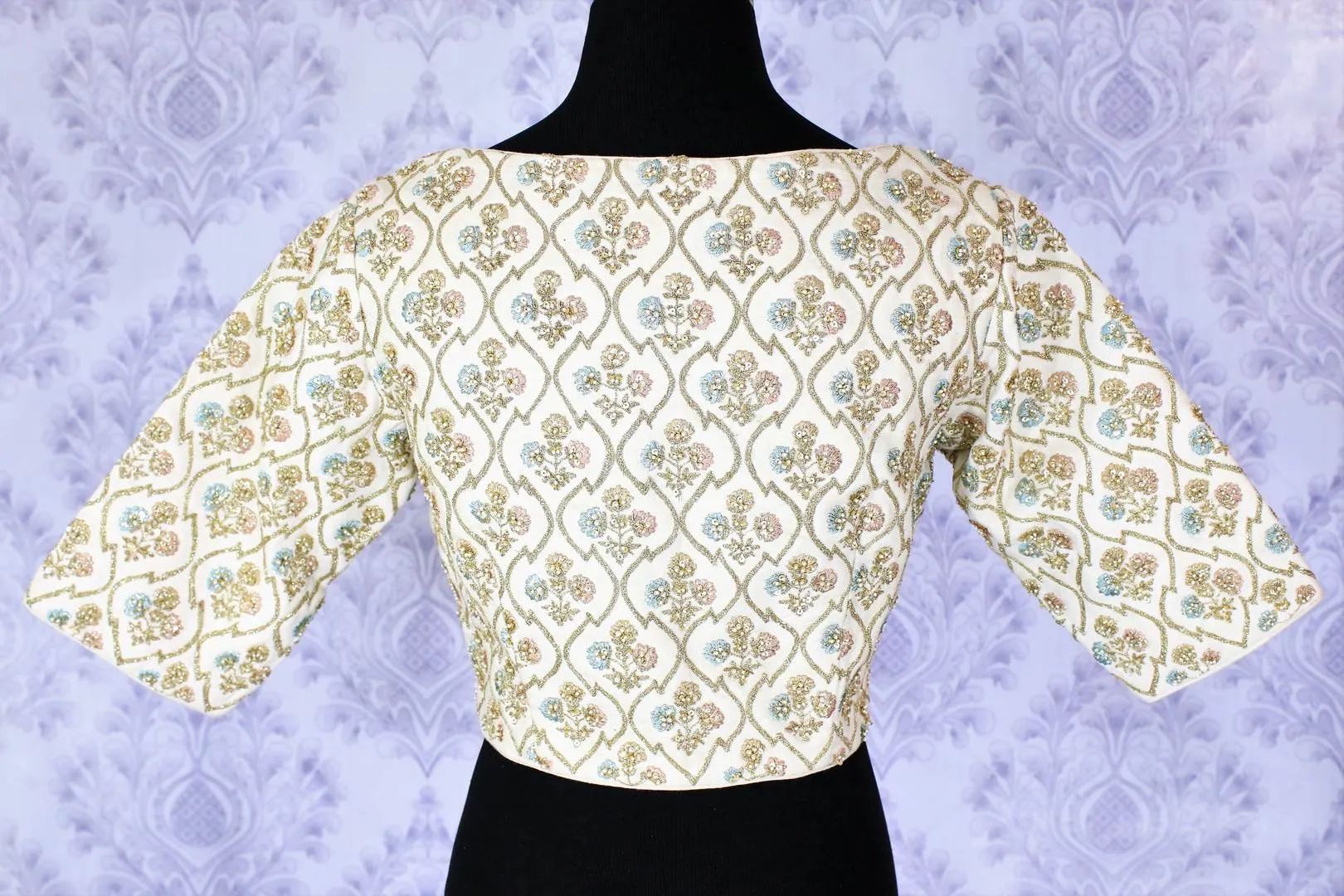 403001 White Embroidered Designer Boat Neck Party Blouse
