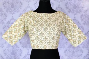 403001 White Embroidered Designer Boat Neck Party Blouse