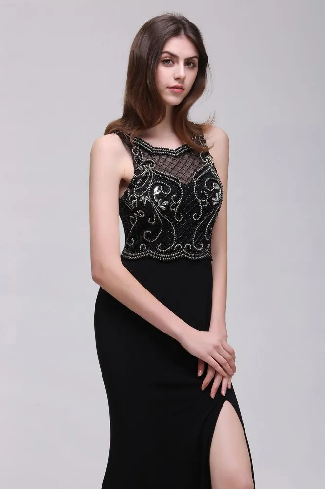 A-Line Pearls Straps Sweet Train Black Prom Dresses