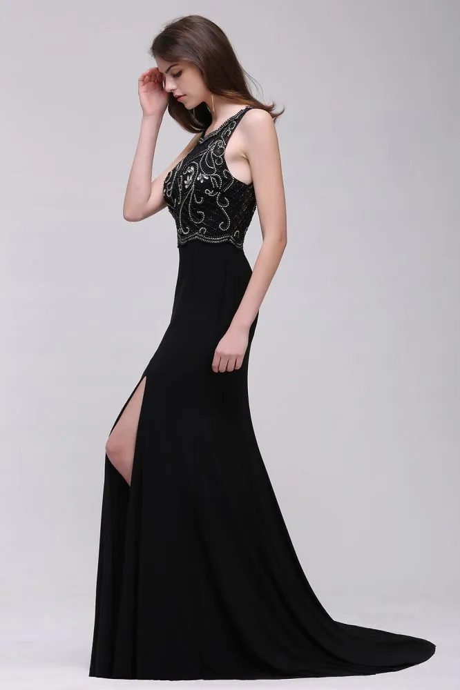 A-Line Pearls Straps Sweet Train Black Prom Dresses