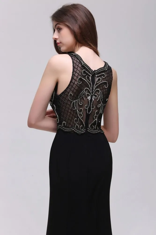 A-Line Pearls Straps Sweet Train Black Prom Dresses