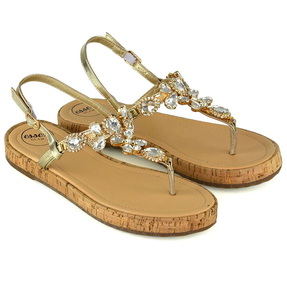 Adley Sling Back Strappy Toe Post Platform Rhinestone Diamante Sandals in Gold