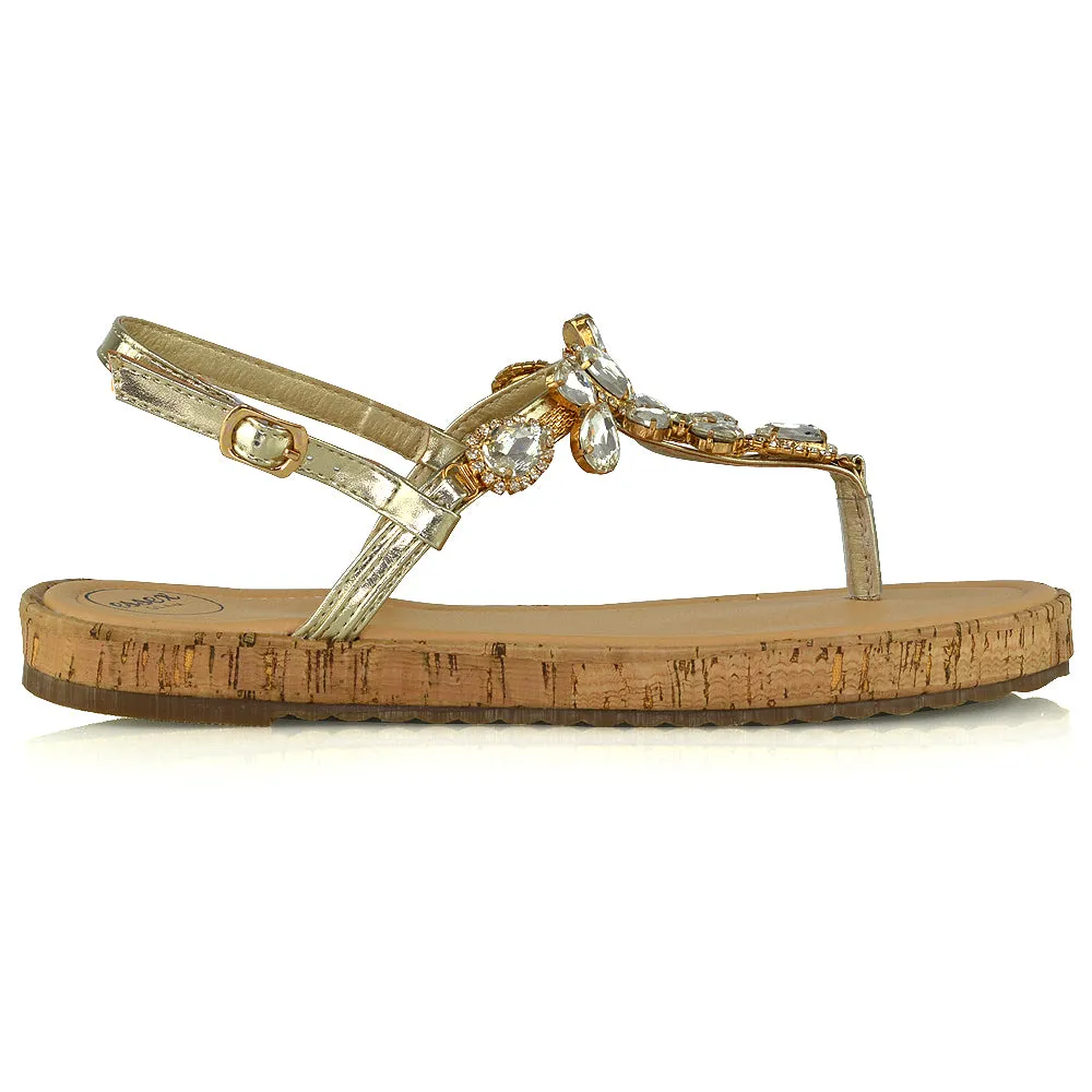 Adley Sling Back Strappy Toe Post Platform Rhinestone Diamante Sandals in Gold