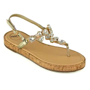 Adley Sling Back Strappy Toe Post Platform Rhinestone Diamante Sandals in Gold