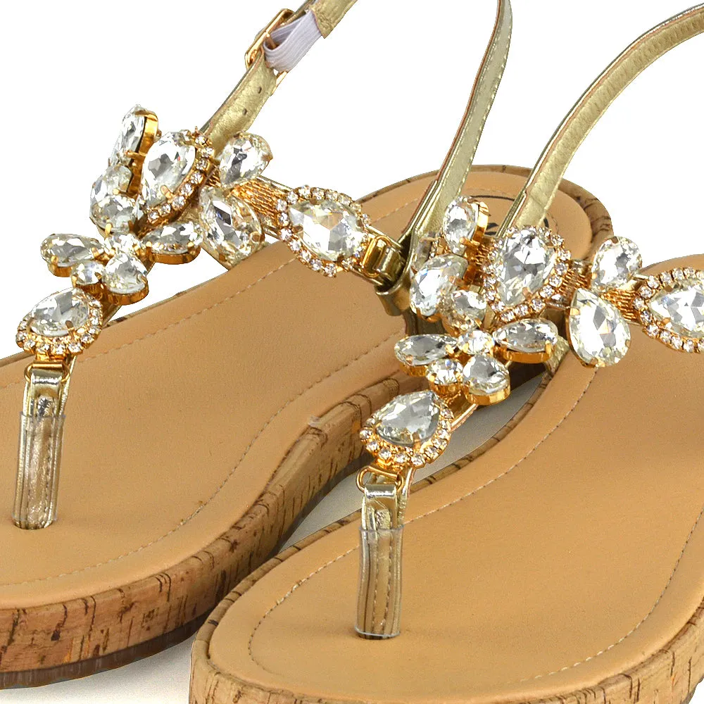 Adley Sling Back Strappy Toe Post Platform Rhinestone Diamante Sandals in Gold
