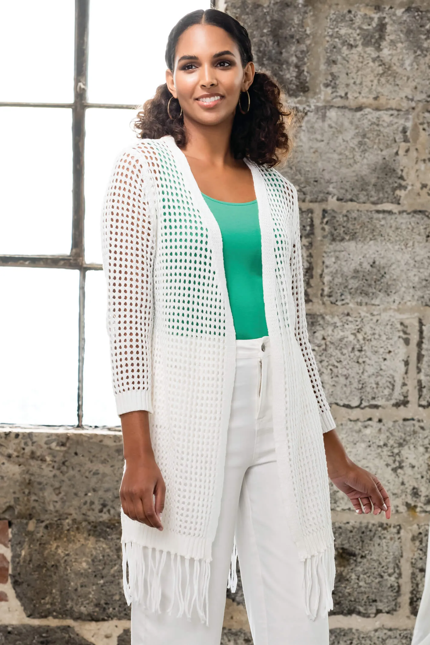 Alison Sheri A41382 White Crochet Knit Cardigan