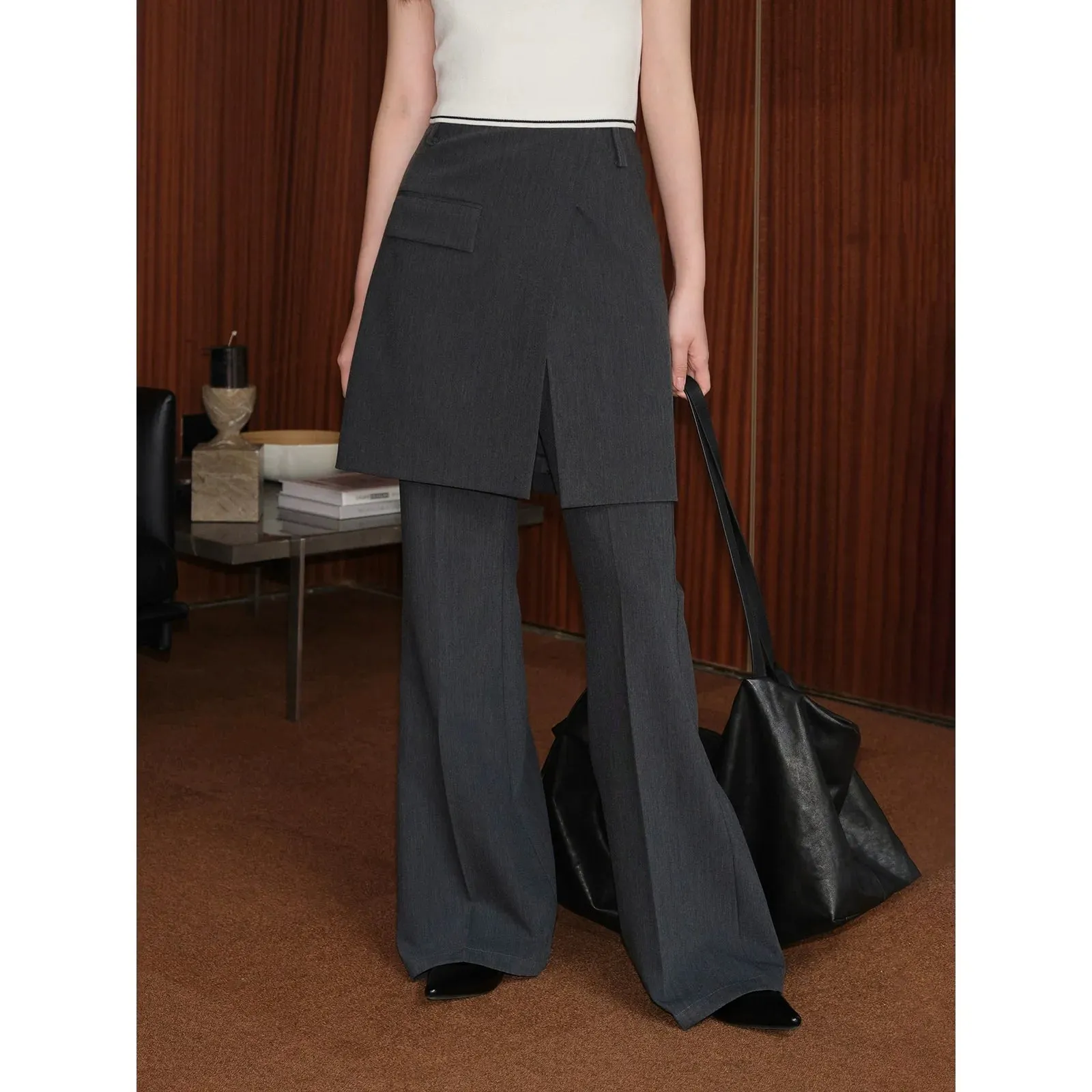 Asymmetrical Double-Lapel Suit Vest with Flared Skirt Pants