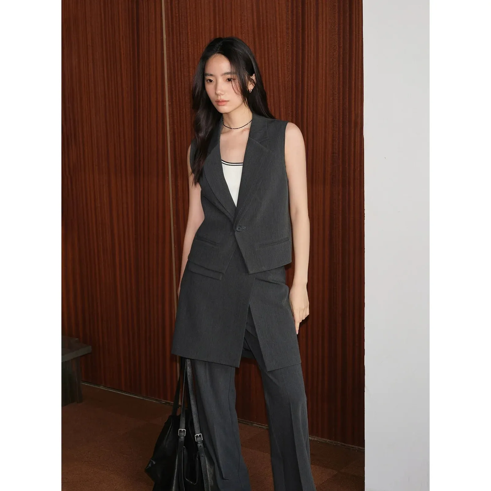 Asymmetrical Double-Lapel Suit Vest with Flared Skirt Pants