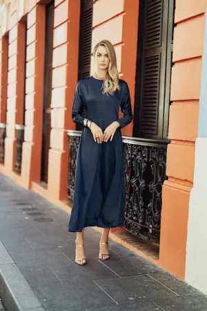 Bliss Solid Satin Cocoon Dress Navy