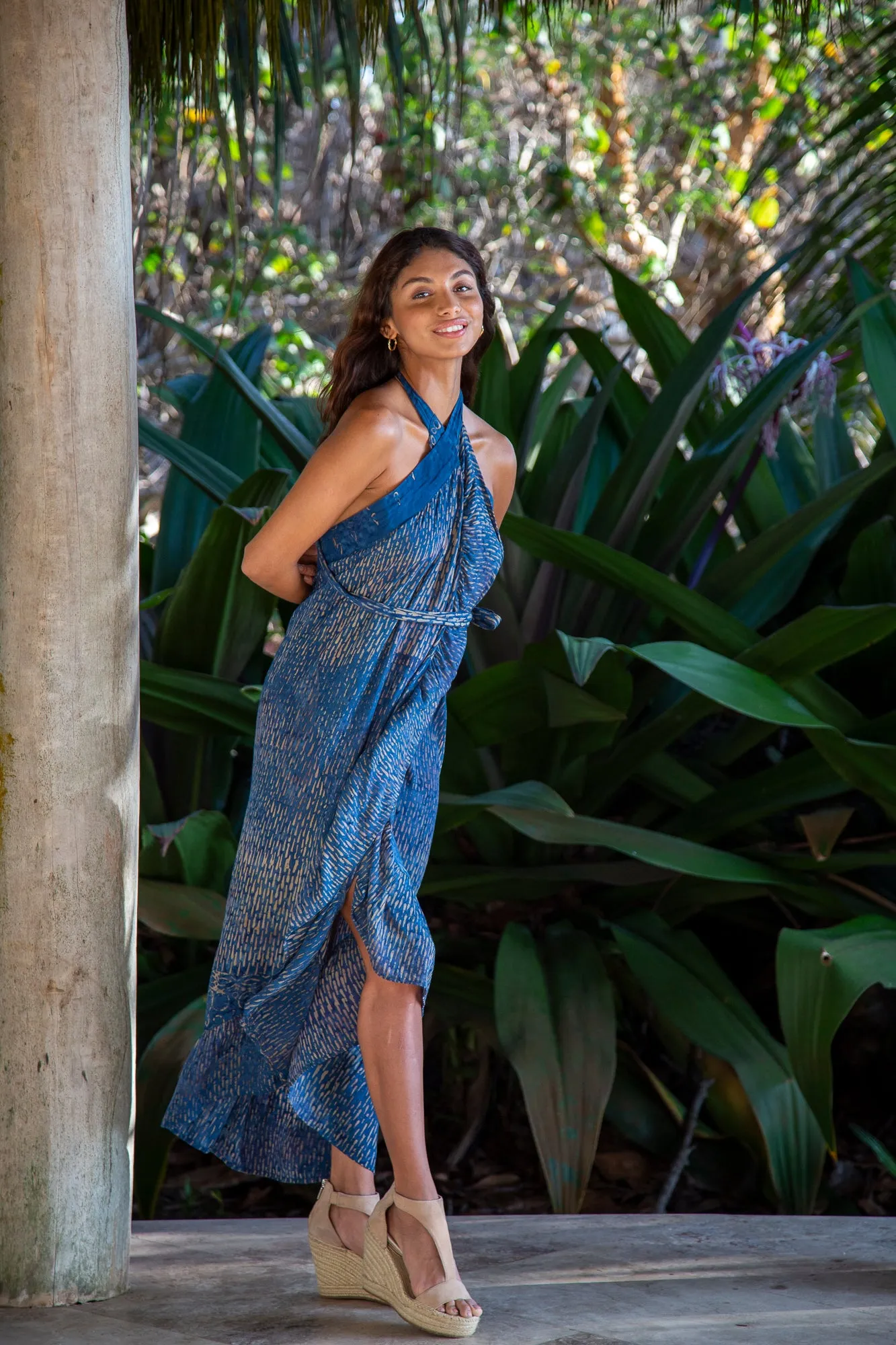 Brianna Wrap Skirt Dress in Batik Denim Raindrop
