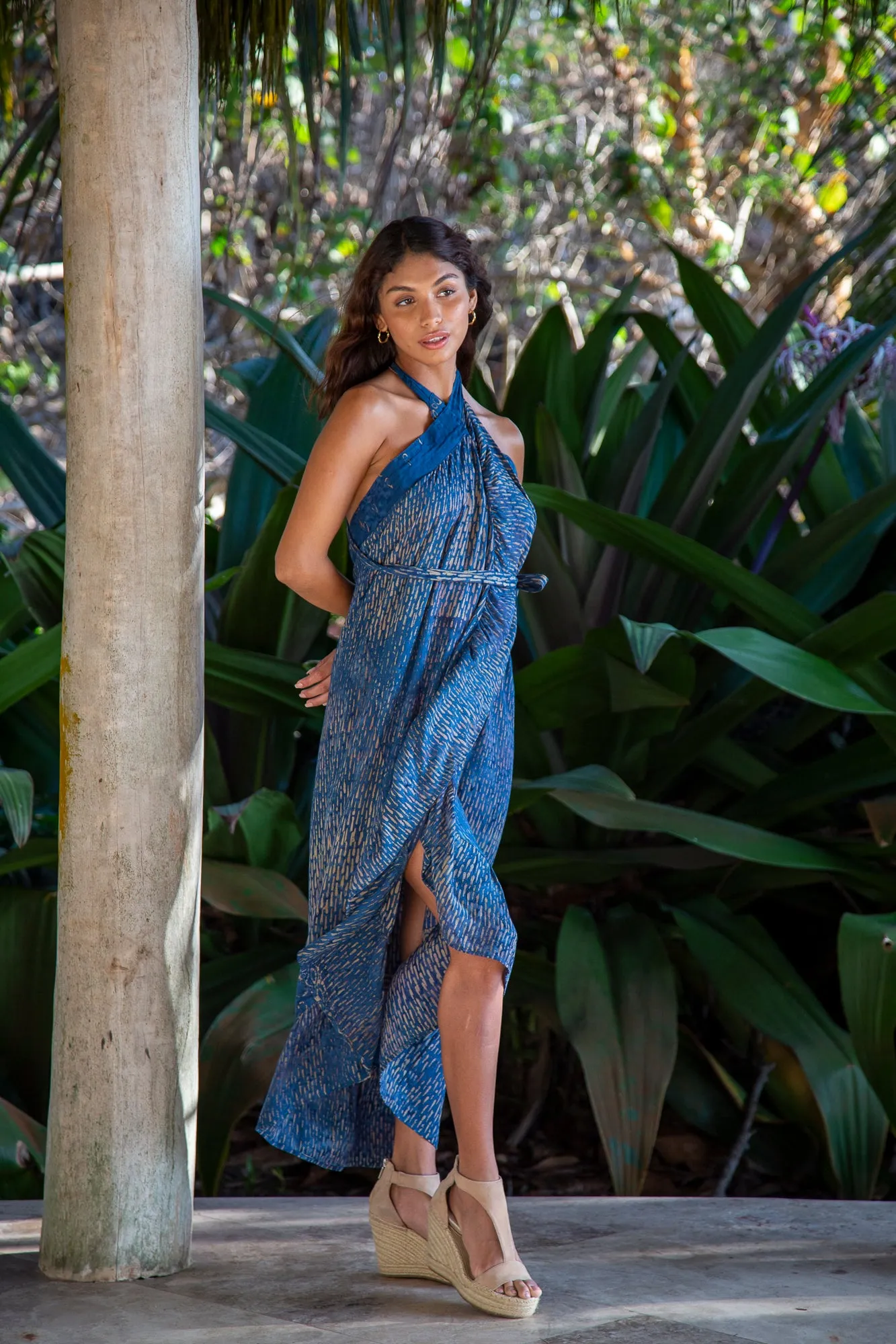 Brianna Wrap Skirt Dress in Batik Denim Raindrop