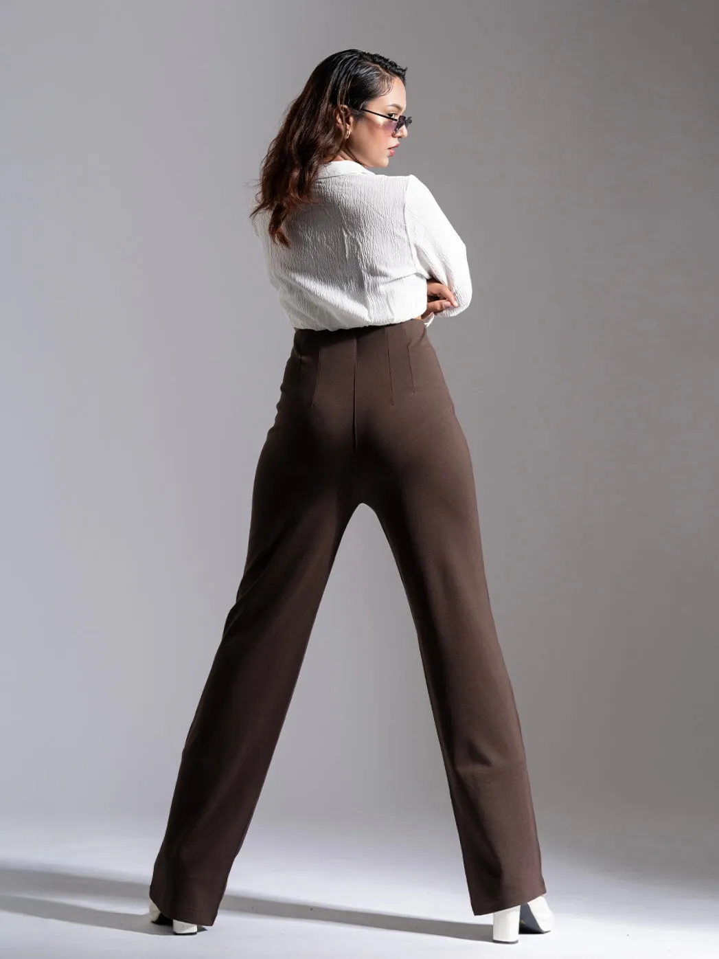 Brown Sleek Pleated Detail Korean Pants