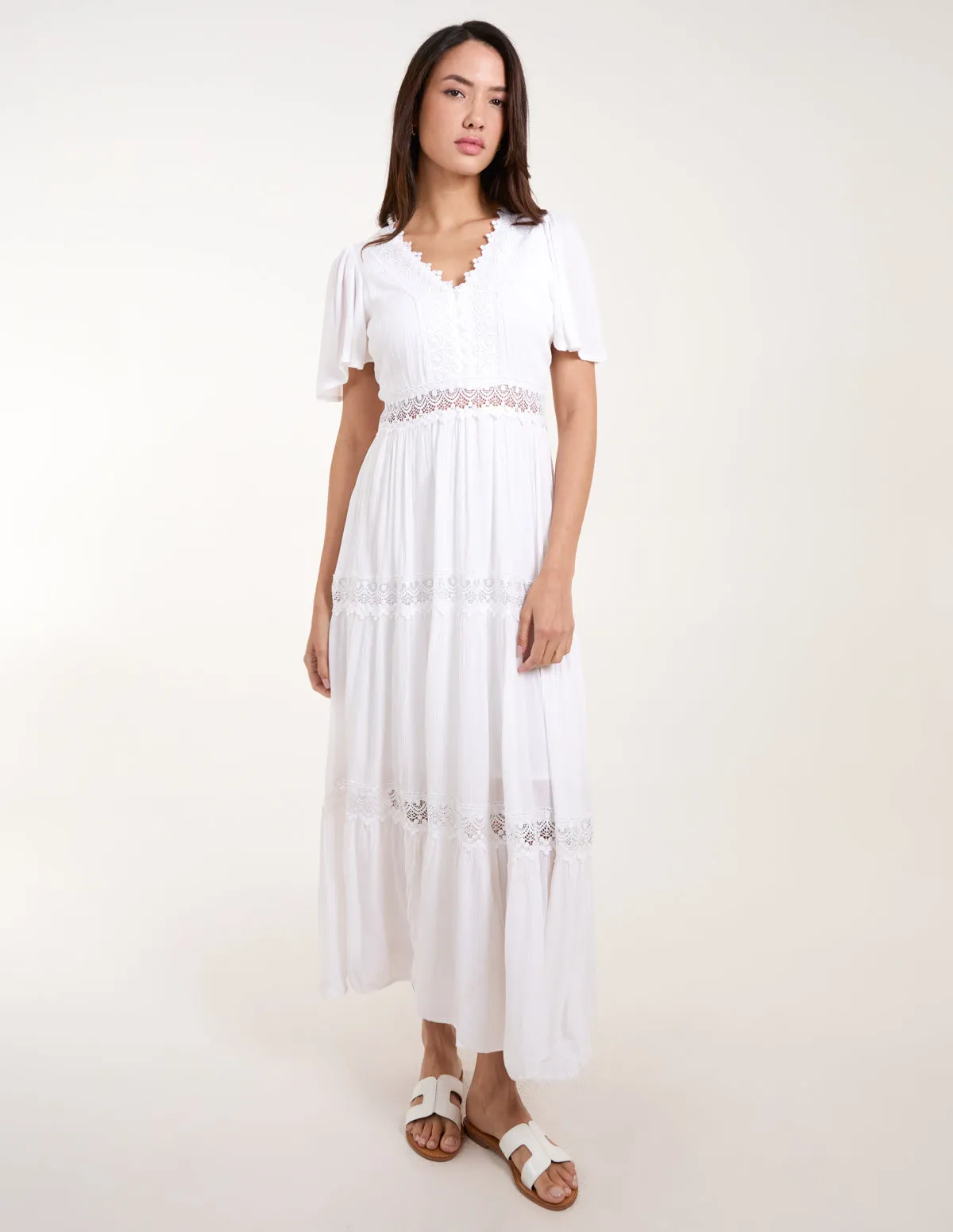 Crochet Detailing Angel Sleeve Tiered Maxi Dress
