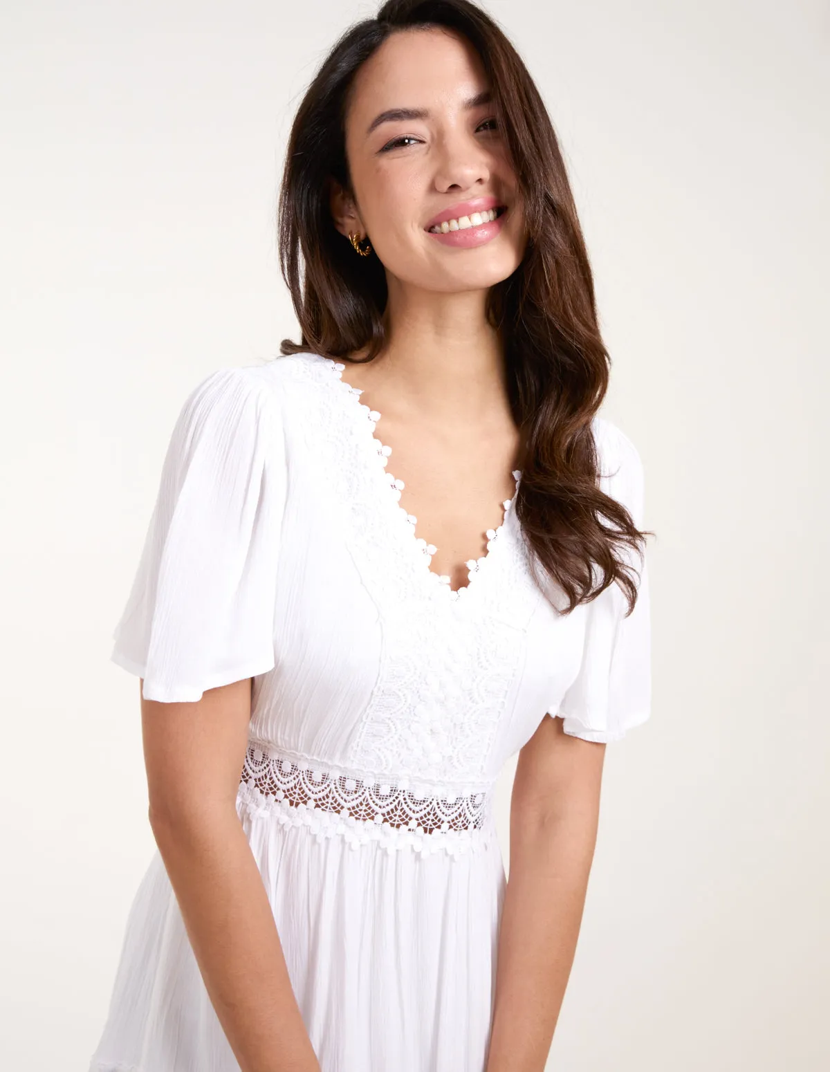 Crochet Detailing Angel Sleeve Tiered Maxi Dress