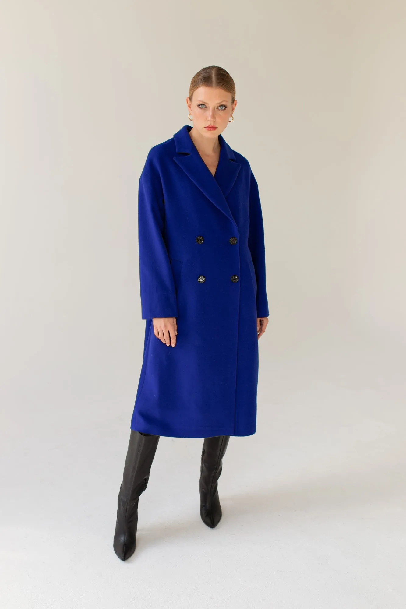 Double Breasted Cashmere Wool Coat - Sapphire