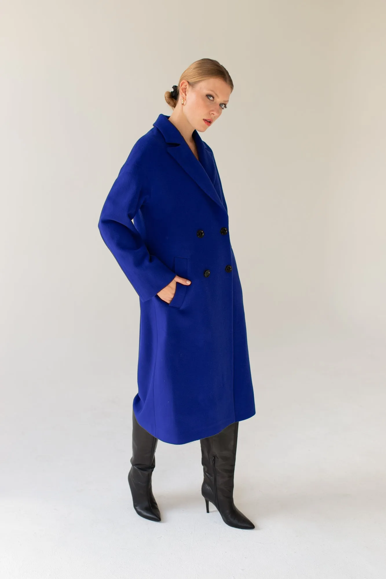 Double Breasted Cashmere Wool Coat - Sapphire