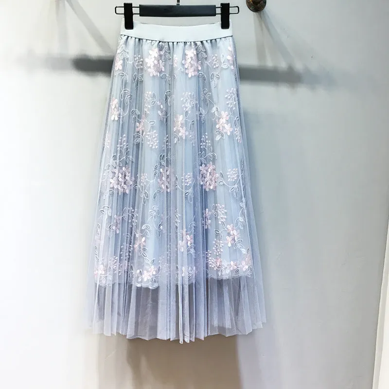 Embroidery Floral Pleated Lace High Waist Loose Long Skirt