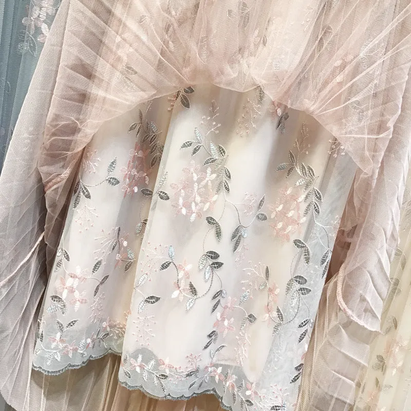 Embroidery Floral Pleated Lace High Waist Loose Long Skirt
