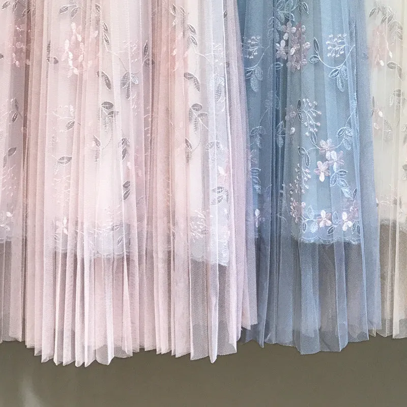 Embroidery Floral Pleated Lace High Waist Loose Long Skirt