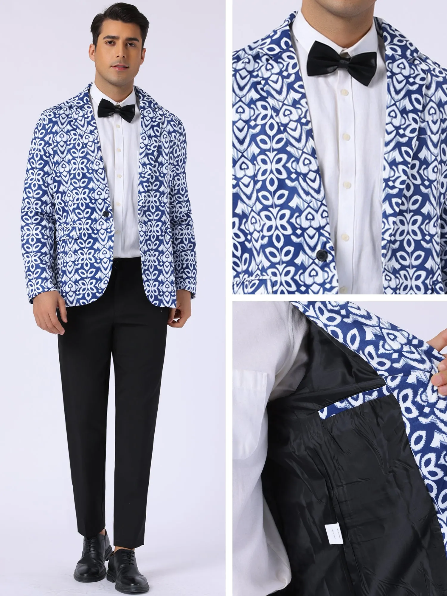 Floral Blazer for Men's Formal Notch Lapel One Button Retro Flower Sports Coat