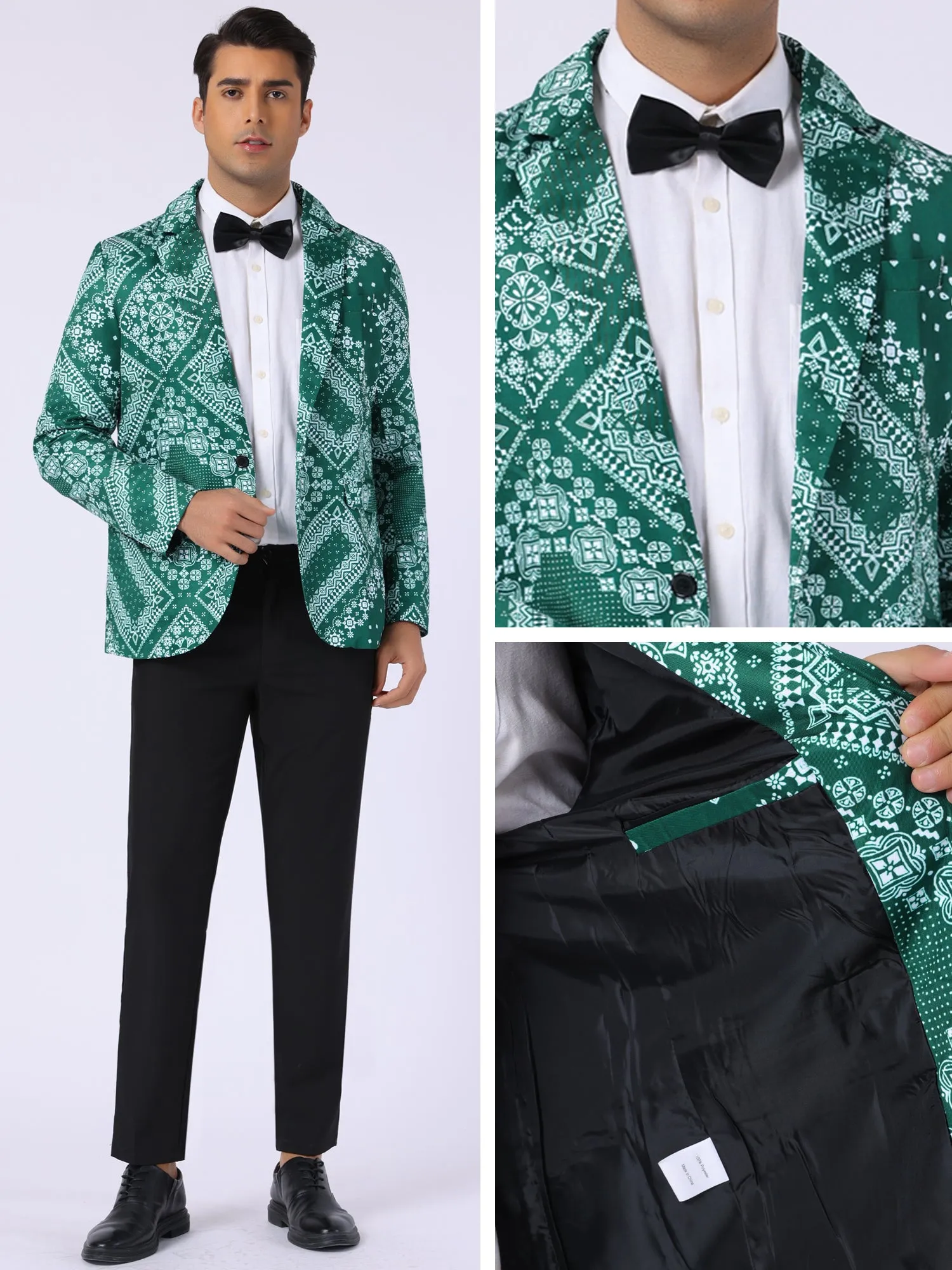 Floral Blazer for Men's Formal Notch Lapel One Button Retro Flower Sports Coat