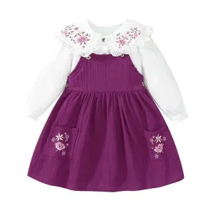 Floral Embroidery Shirt with Dress 2pcs Set for Little Girls