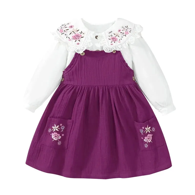 Floral Embroidery Shirt with Dress 2pcs Set for Little Girls