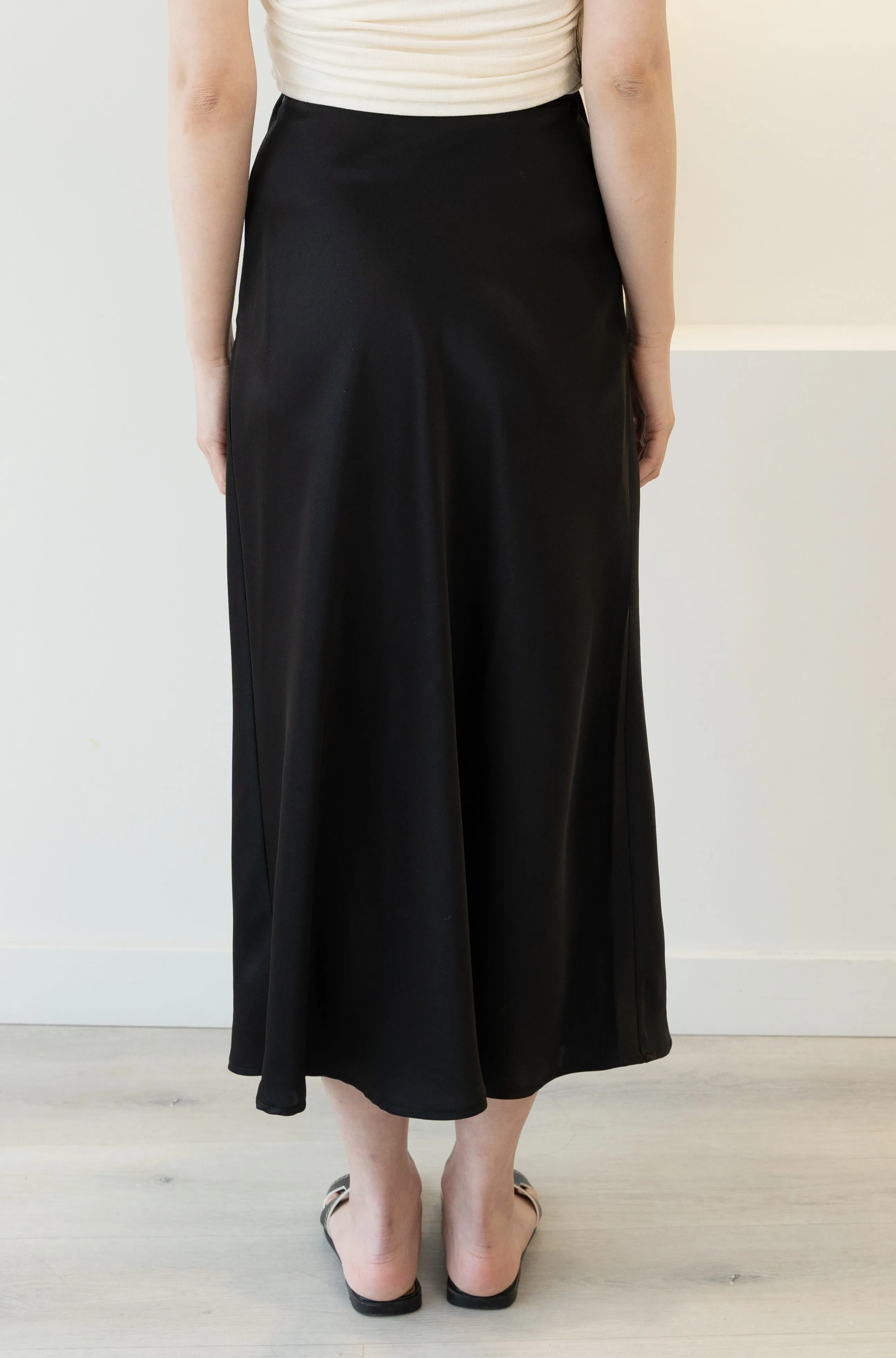 High Waist A-Line Midi Satin Skirt Black
