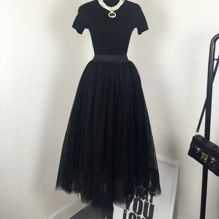 High Waist Pure Color Mesh Pleated Long Skirt