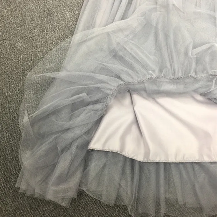 High Waist Pure Color Mesh Pleated Long Skirt