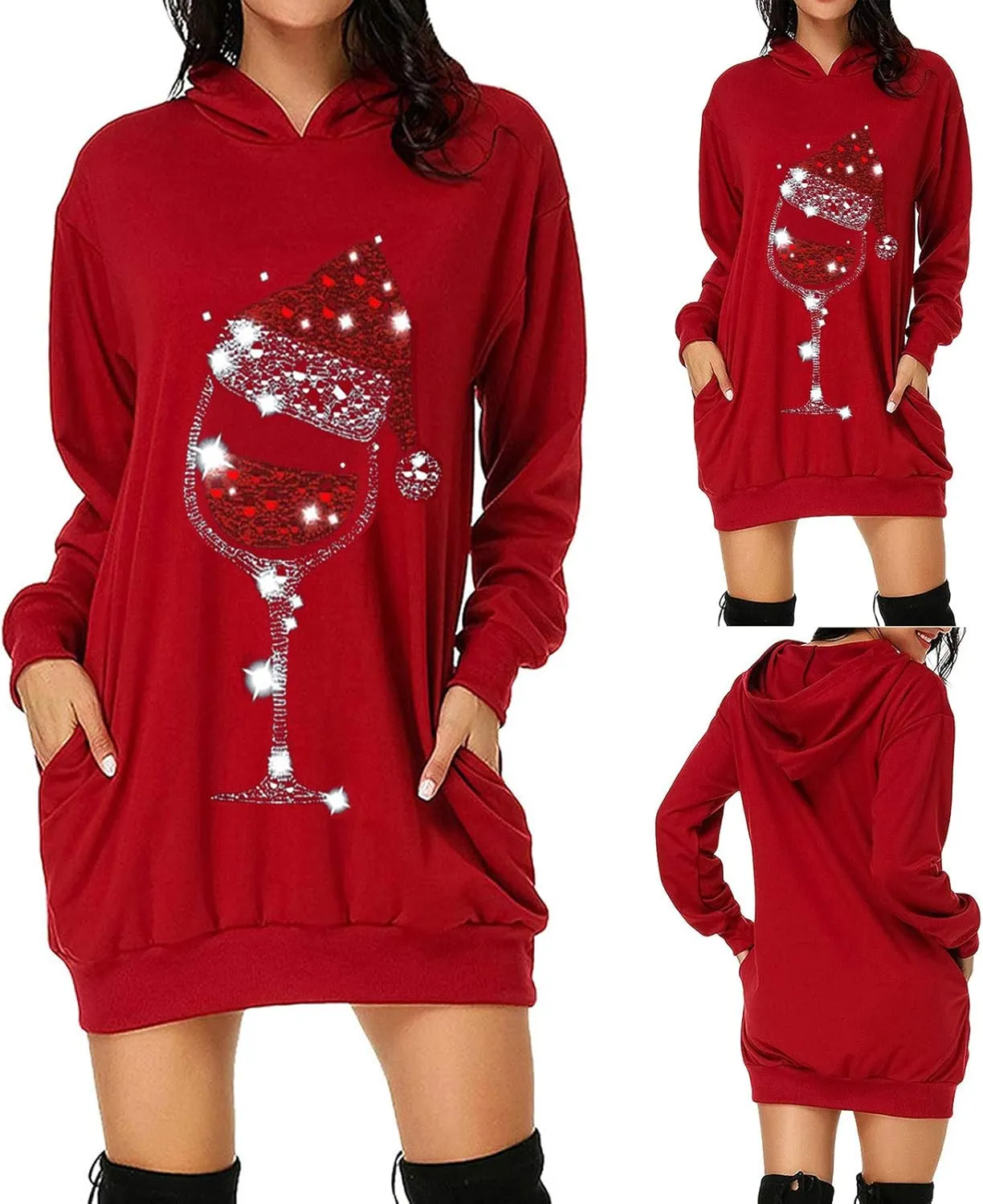 Hoodie Dresses for Women Oversized Long Sleeve Christmas Print Sweaters Jumper Casual Elegant Long Tops with Pockets