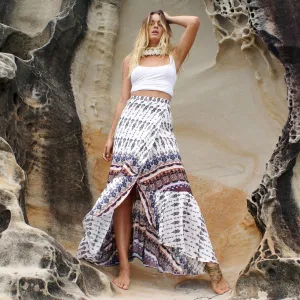 Irregular High Waist Floral Print Loose Split Long Beach Skirt