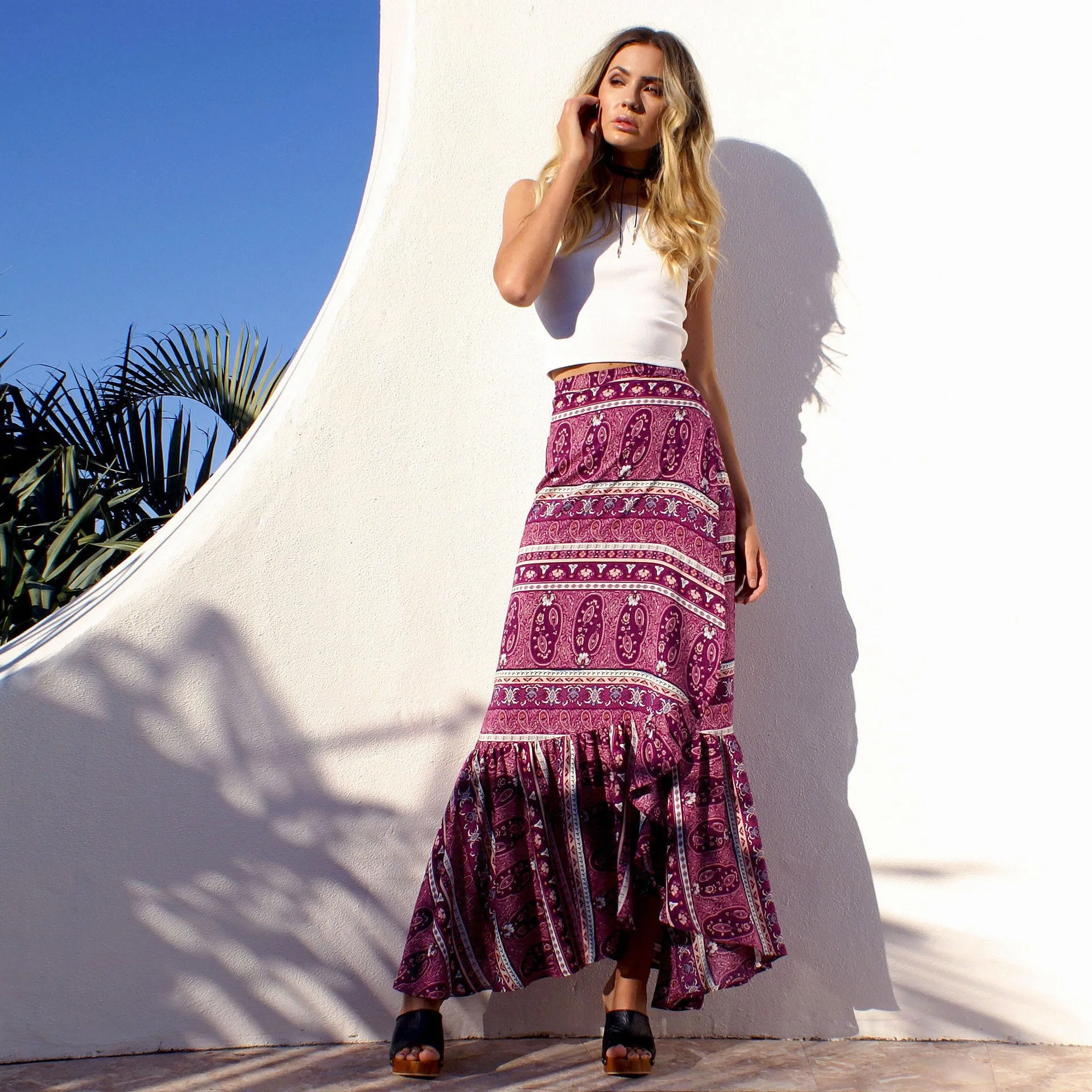 Irregular High Waist Floral Print Loose Split Long Beach Skirt