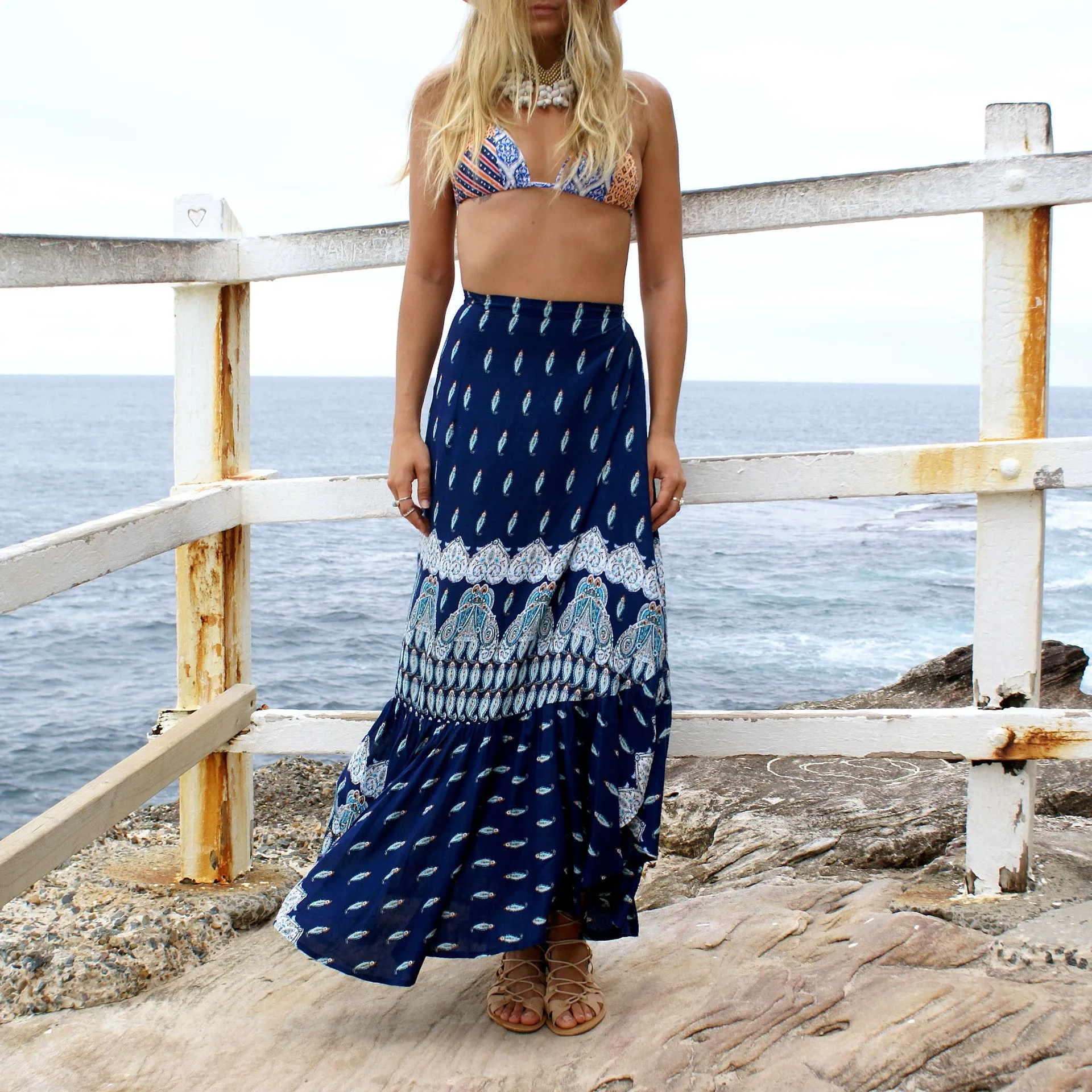 Irregular High Waist Floral Print Loose Split Long Beach Skirt