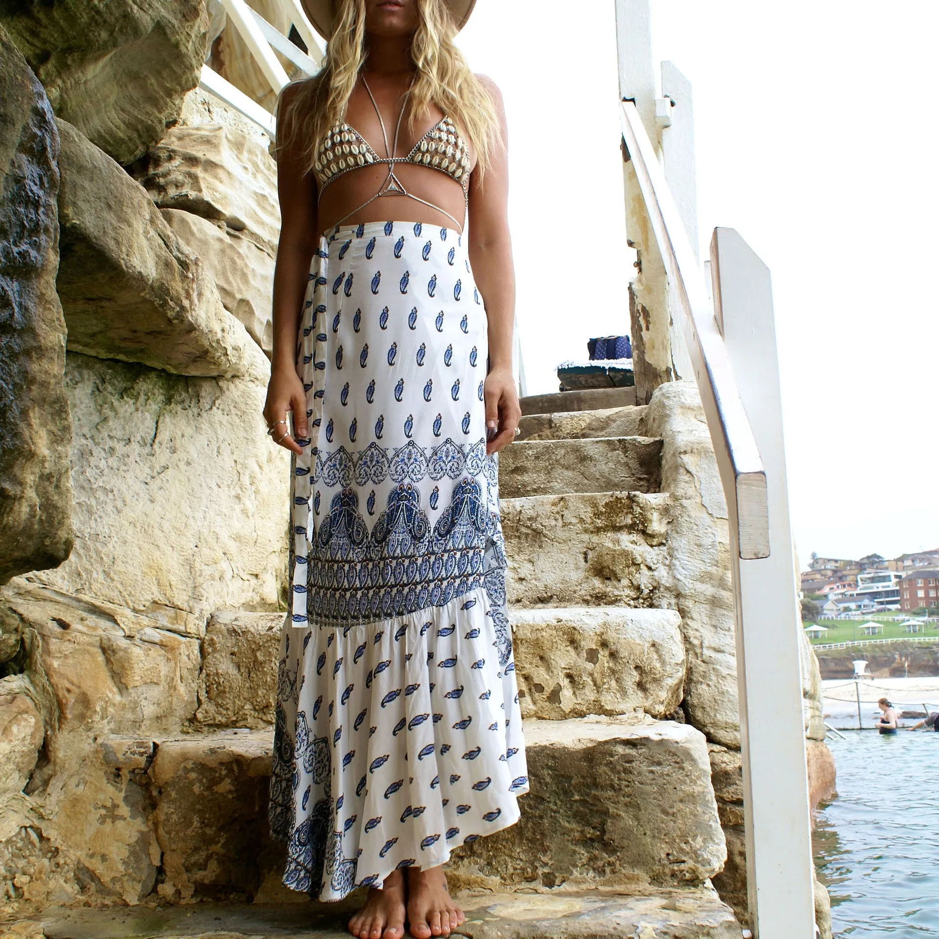Irregular High Waist Floral Print Loose Split Long Beach Skirt