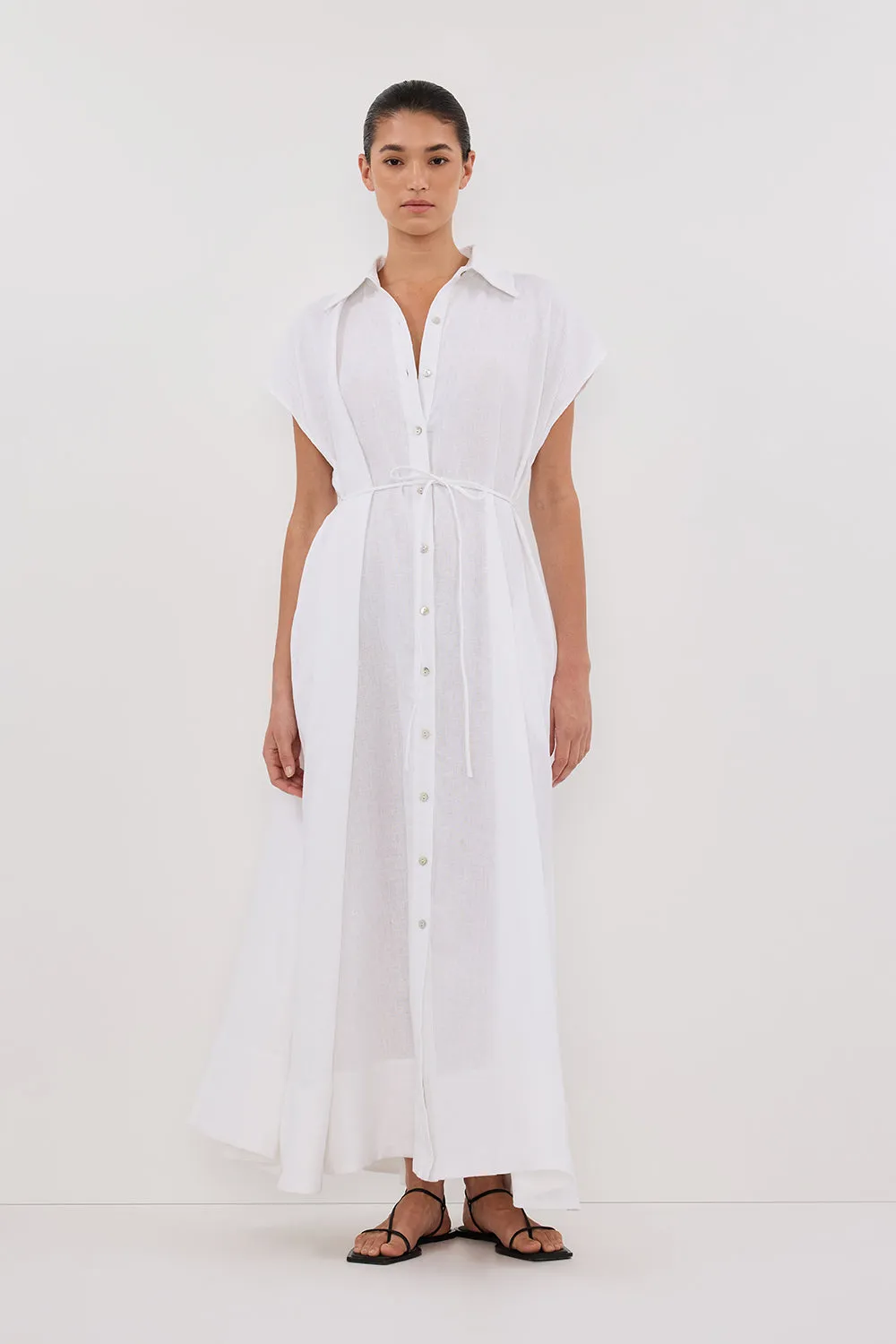LANA WHITE LINEN MIDI SHIRT DRESS