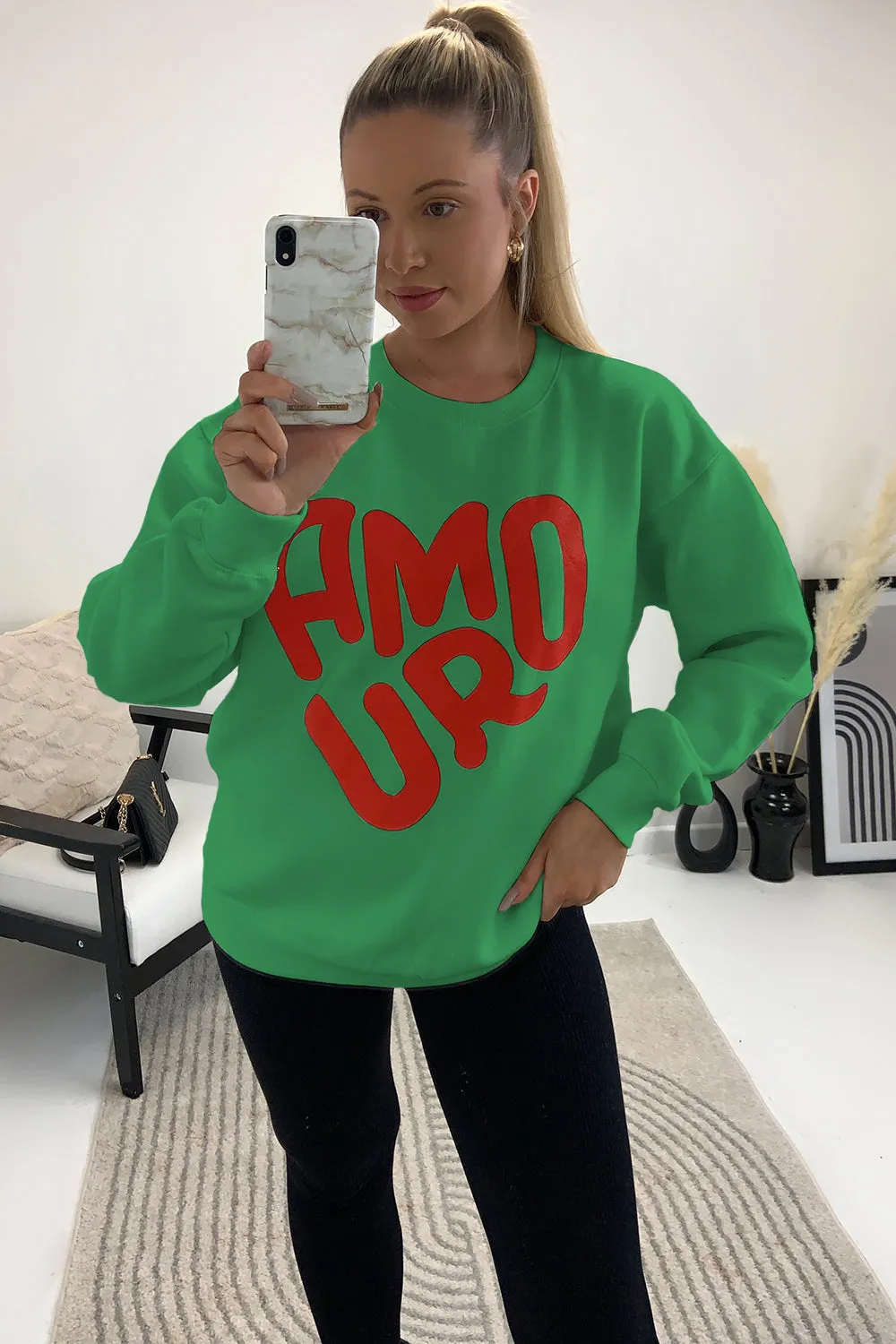 Lucie Green Oversized Amour Slogan Printed Jumper