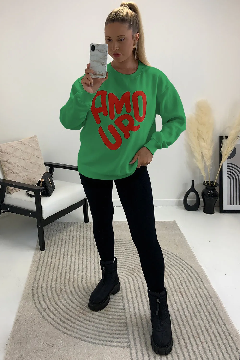 Lucie Green Oversized Amour Slogan Printed Jumper