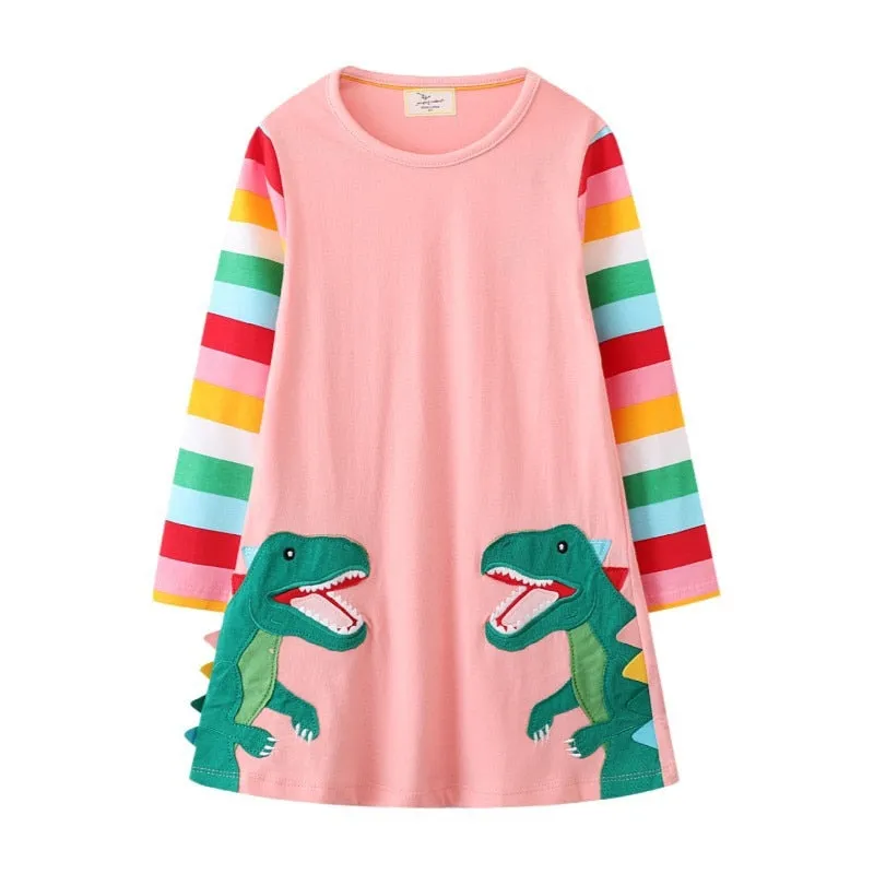 New Arrival Princess Girls Dresses Dinosaurs Applique Cute Birthday Children's Costume Autumn Long Sleeve Kids Dressress - KGD8288