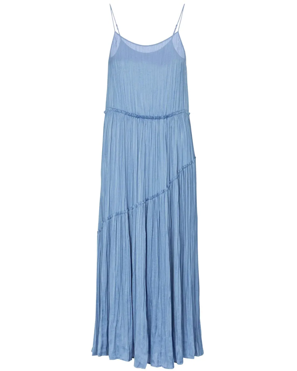 Pale Fountain Asymmetrical Tiered Pleat Maxi Dress