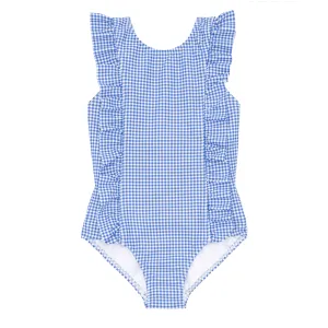 Ruffle One Piece, Blue Micro Gingham