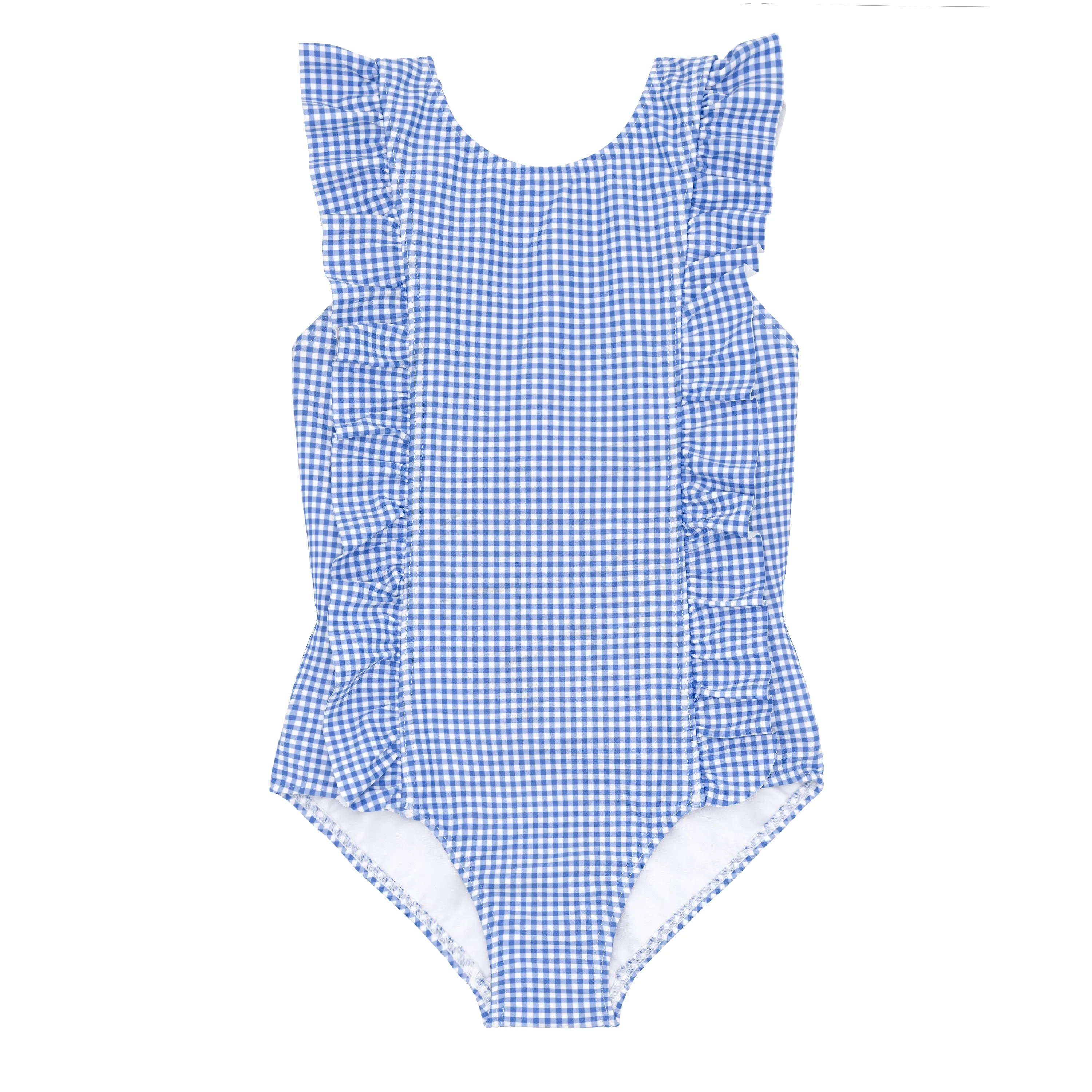 Ruffle One Piece, Blue Micro Gingham