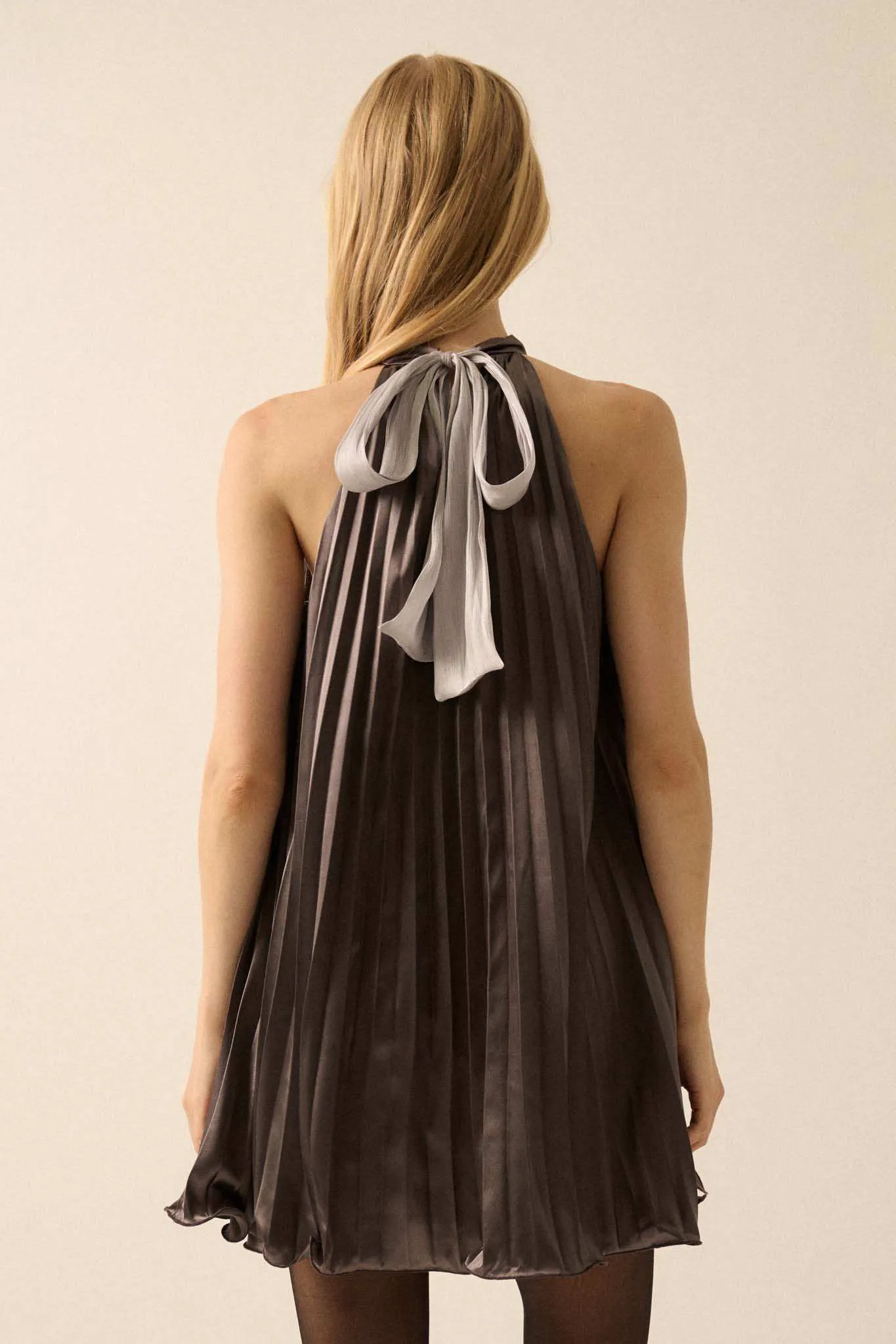 Satin Dreams Pleated Halter Babydoll Mini Dress