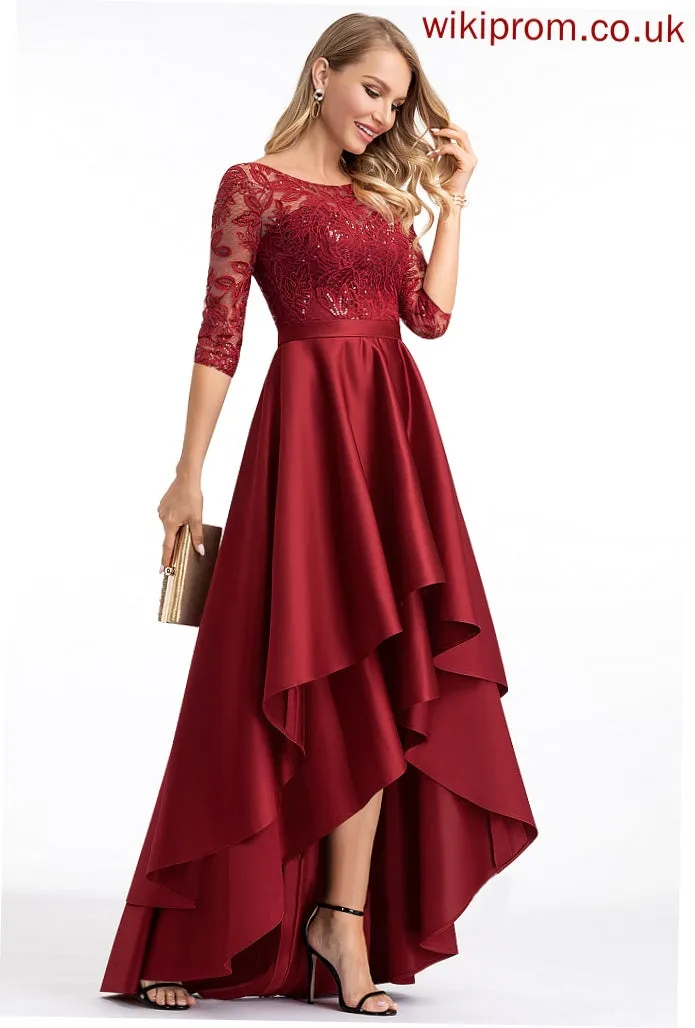 Sleeves Sarahi 1/2 Neck Satin Club Dresses Sequins Asymmetrical Satin Lace A-line Dresses Round
