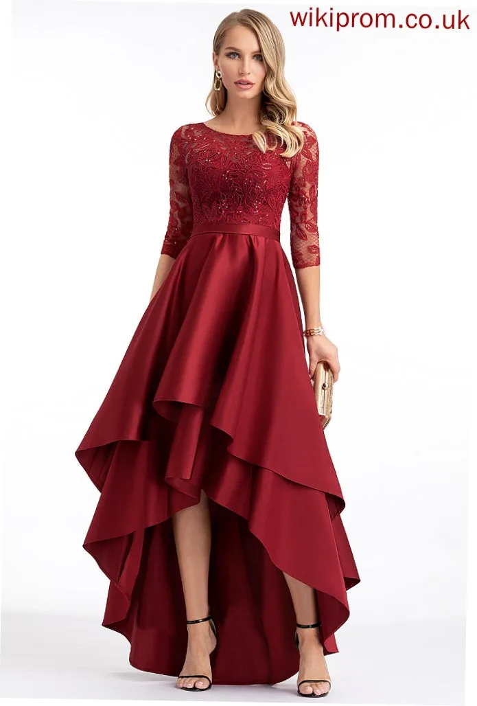 Sleeves Sarahi 1/2 Neck Satin Club Dresses Sequins Asymmetrical Satin Lace A-line Dresses Round